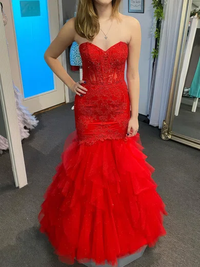 Mermaid Strapless Tulle Ruffle Prom Dresses With Appliques #Milly020126925