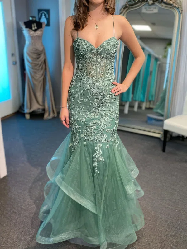 Mermaid Sweetheart Tulle Ruffle Prom Dresses With Appliques #Milly020126934