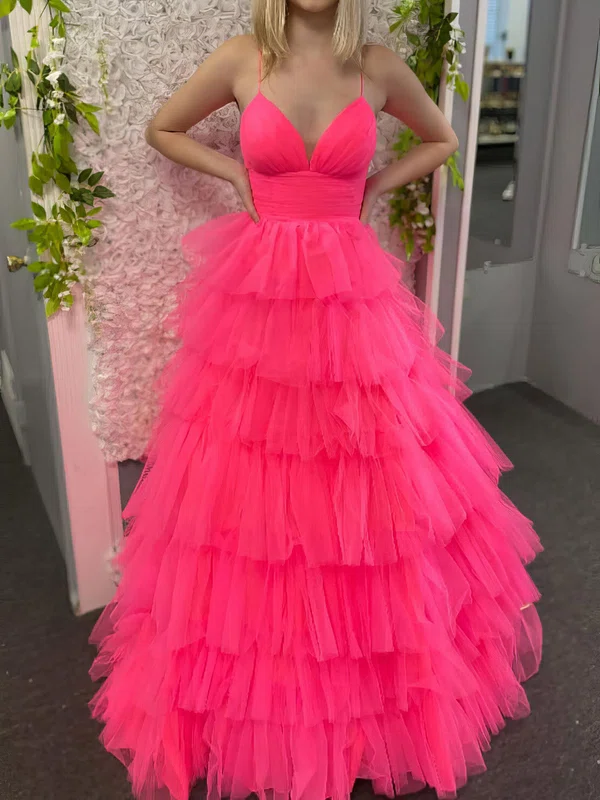 Ball Gown V-neck Tulle Ruffle Tiered Prom Dresses #Milly020126935