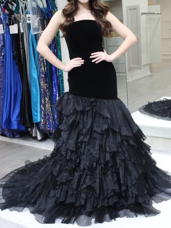 Mermaid Strapless Tulle Velvet Ruffle Tiered Prom Dresses #Milly020126940