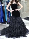 Mermaid Strapless Tulle Velvet Ruffle Tiered Prom Dresses #Milly020126940