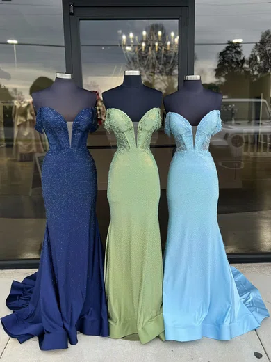 Mermaid Off-the-shoulder Jersey Beaded Prom Dresses With Appliques #Milly020126945