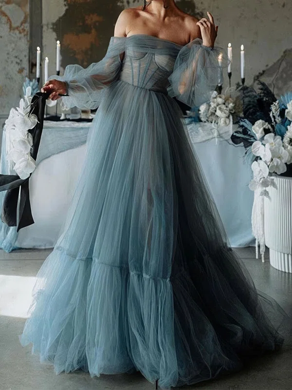 Ball Gown Off-the-shoulder Tulle Corset Prom Dresses With Puff Sleeve #Milly020126951