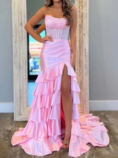 Mermaid Strapless Satin Tiered Prom Dresses With Appliques #Milly020126952