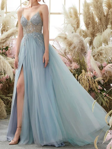 A-line V-neck Tulle Prom Dresses With Beading #Milly020126953