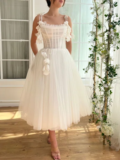 White Ball Gown Square Neck Tulle Corset Prom Dresses With Ruched #Milly020126958