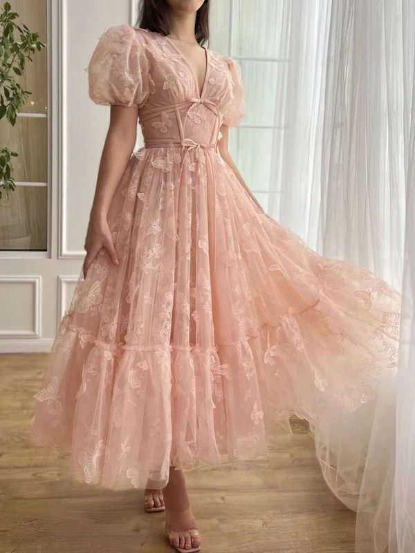 Princess V-neck Tulle Puff Sleeves Floral Long Homecoming Dresses #Milly020126967