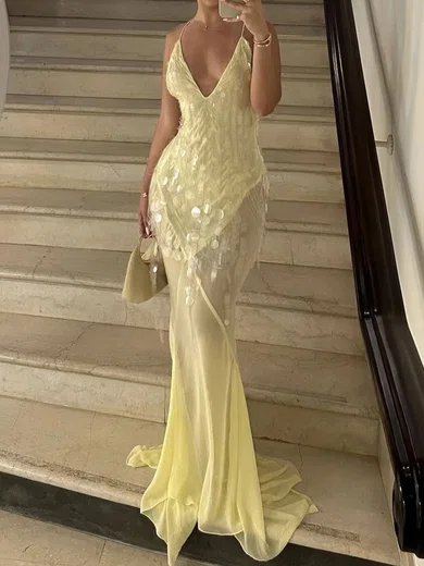 Sheath/Column V-neck Chiffon Prom Dresses With Sequins #Milly020126975