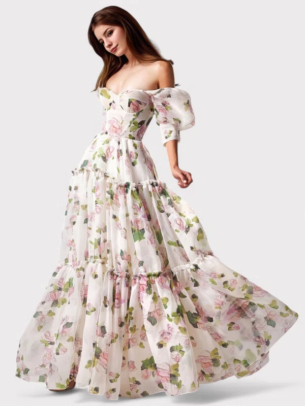 Ball Gown Off-the-shoulder Tulle Floral Prom Dresses With Puff Sleeve #Milly020126992