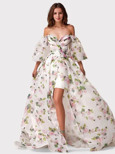 Ball Gown Off-the-shoulder Tulle Floral Prom Dresses With Puff Sleeve #Milly020126993
