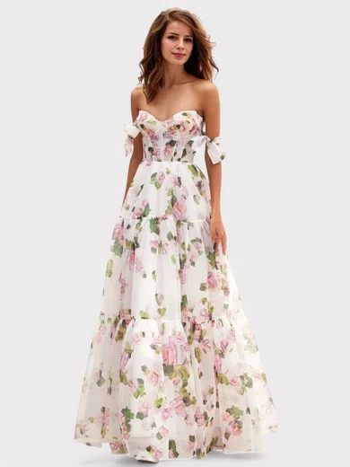 Ball Gown Off-the-shoulder Tulle Floral Prom Dresses With Ruched #Milly020126998