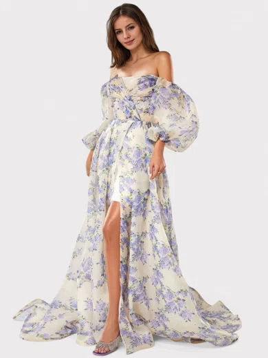Ball Gown Off-the-shoulder Tulle Floral Prom Dresses With Puff Sleeve #Milly020126999
