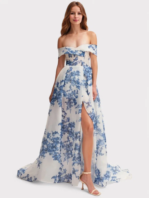 Ball Gown Off-the-shoulder Tulle Floral Prom Dresses With Ruched #Milly020127001
