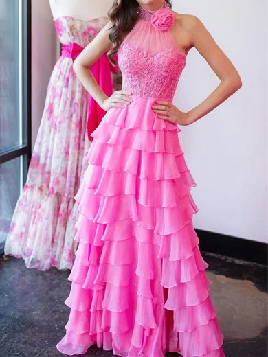Ball Gown High Neck Chiffon Tiered Prom Dresses With Appliques #Milly020127016