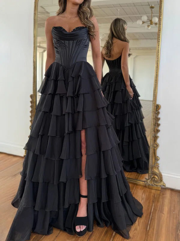 Ball Gown Strapless Chiffon Satin Ruffle Tiered Prom Dresses #Milly020127022