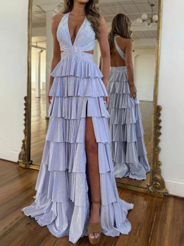 Ball Gown V-neck Satin Cut Out Tiered Prom Dress with Beading #Milly020127052