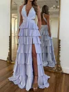 Ball Gown V-neck Satin Cut Out Tiered Prom Dress with Beading #Milly020127052