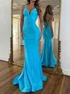 Blue Mermaid V-neck Corset Satin Prom Dresses with Ruched #Milly020127053