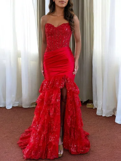 Mermaid Strapless Ruffle Tiered Prom Dresses with Appliques #Milly020127055