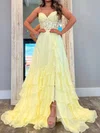 A-line Strapless Chiffon Ruffle Tiered Prom Dresses With Appliques #Milly020127065