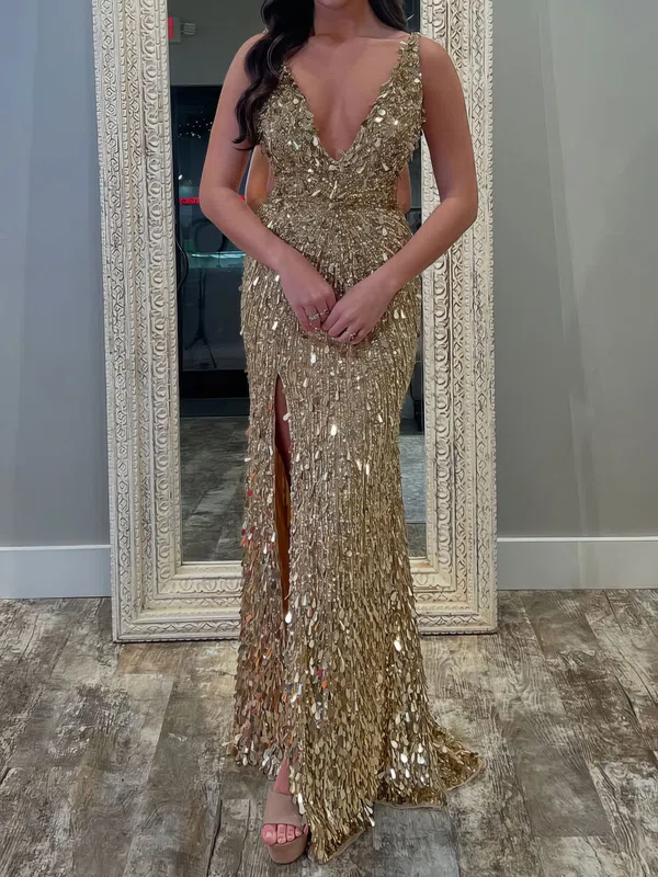 Sheath/Column V-neck Backless Sparkly Sequin Prom Dresses #Milly020127079