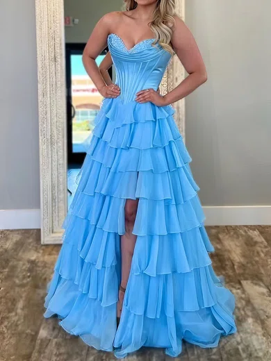 Ball Gown Strapless Chiffon Satin Ruffle Tiered Prom Dresses #Milly020127084