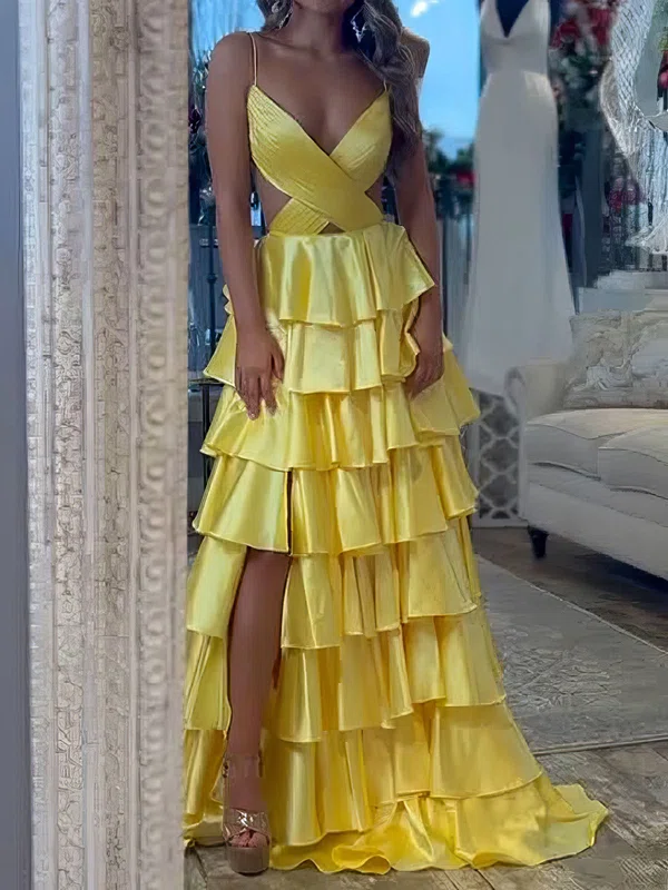 Ball Gown V-neck Satin Tiered Prom Dresses With Ruched #Milly020127089