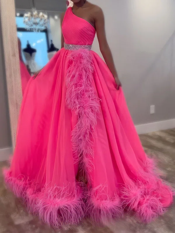 Ball Gown Tulle One Shoulder Prom Dresses With Feather #Milly020127100