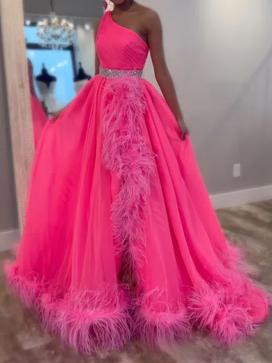 Ball Gown Tulle One Shoulder Prom Dresses With Feather #Milly020127100
