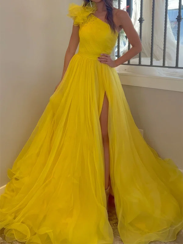 Ball Gown One Shoulder Tulle Ruffle Prom Dresses With Ruched #Milly020127102