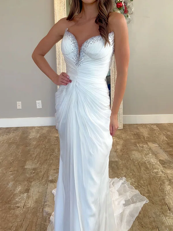 Sheath/Column V-neck Chiffon Strapless Prom Dresses With Ruched #Milly020127103