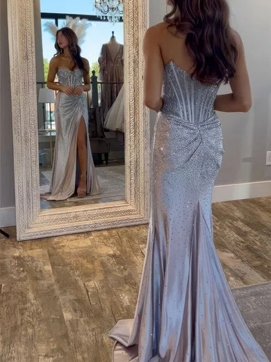 Sheath/Column Strapless Satin Beaded Prom Dresses With Ruched #Milly020127104