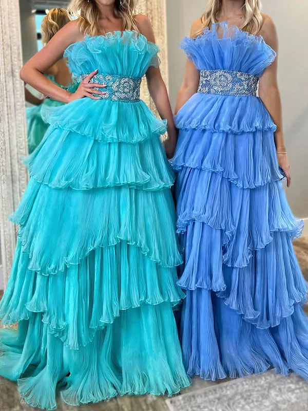 Ball Gown Strapless Tulle Ruffle Tiered Prom Dresses #Milly020127106