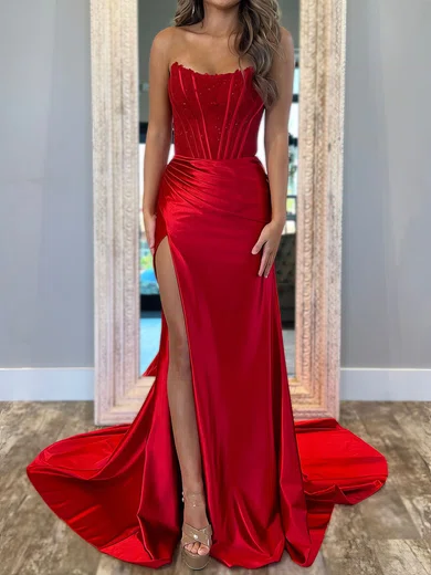 Mermaid Strapless Satin Corset Prom Dresses With Appliques #Milly020127107