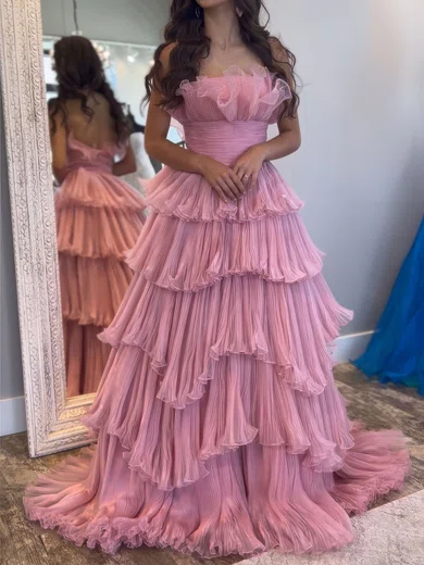 Ball Gown Strapless Tulle Ruffle Tiered Prom Dresses #Milly020127112
