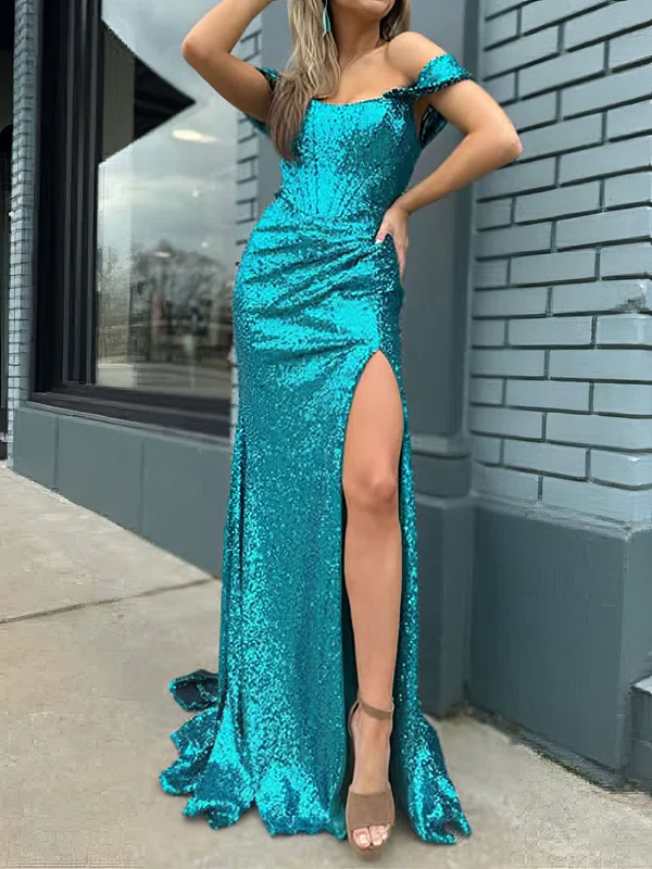 Sheath/Column Off-the-shoulder Sparkly Sequin Prom Dresses With Ruched #Milly020127114
