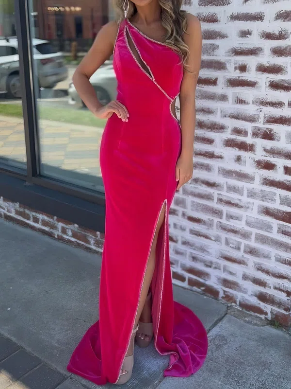 Sheath/Column One Shoulder Velvet Cut Out Prom Dresses With Beading #Milly020127117