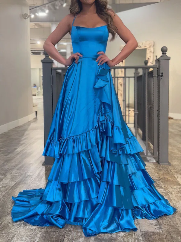 A-line Square Neck Satin Ruffle Tiered Prom Dresses #Milly020127126