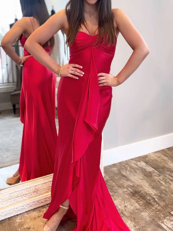 Red Sheath/Column Halter Satin Prom Dresses With Ruched #Milly020127127