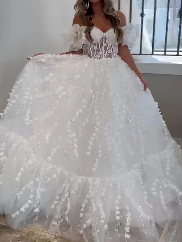 Ball Gown Off-the-shoulder Tulle 3D Floral Prom Dresses With Puff Sleeve #Milly020127137