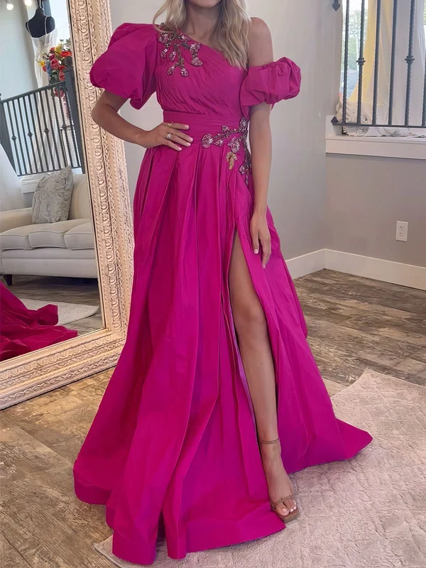 Ball Gown One Shoulder Ruched Satin Prom Dresses With Puff Sleeve #Milly020127138