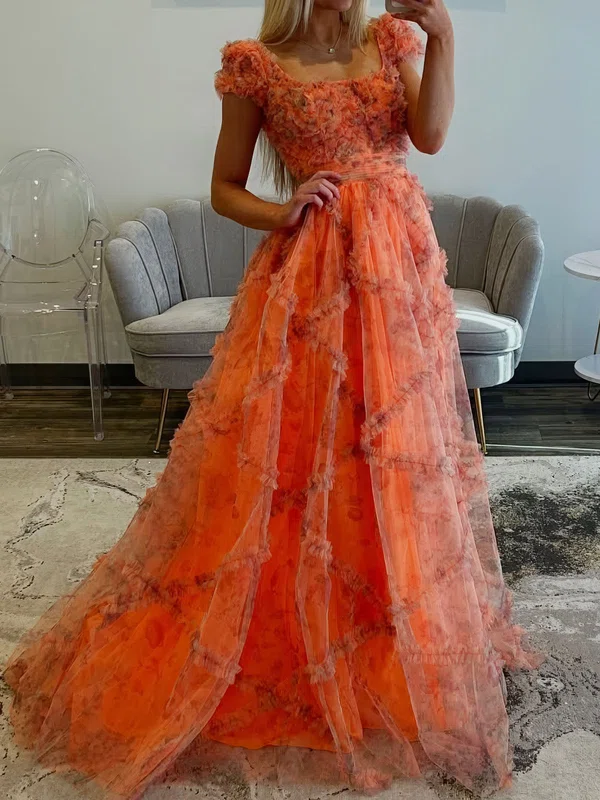 Ball Gown Square Neck Tulle Floral Prom Dresses With Ruffle #Milly020127152