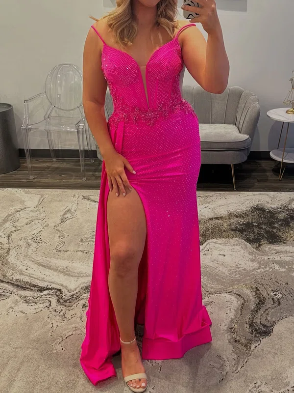 Sheath/Column V-neck Satin Beaded Prom Dresses With Appliques #Milly020127153