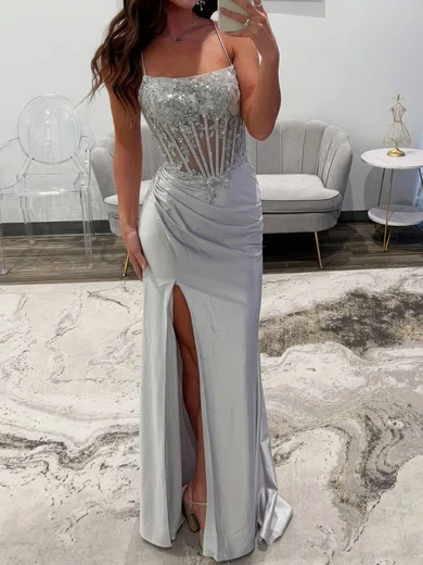 Sheath/Column Scoop Neck Satin Corset Prom Dresses With Appliques #Milly020127155