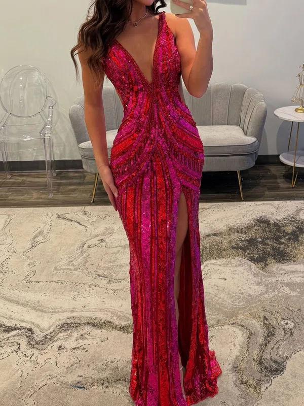 Sheath/Column V-neck Sparkly Sequin Backless Prom Dresses #Milly020127158