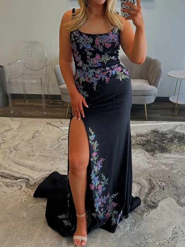 Sheath/Column Square Neck Satin Beaded Prom Dresses #Milly020127167