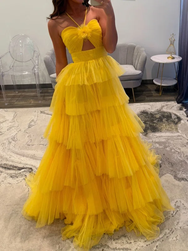 Ball Gown Halter Tulle Ruffle Tiered Prom Dresses #Milly020127170