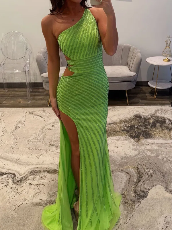 Sheath/Column One Shoulder Tulle Cut Out Beaded Prom Dresses #Milly020127171