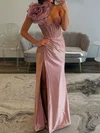 Sheath/Column One Shoulder Satin Beaded Prom Dresses With Ruched #Milly020127175