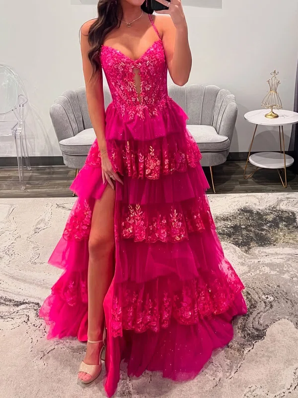 Ball Gown V-neck Tulle Tiered Prom Dresses With Appliques #Milly020127190
